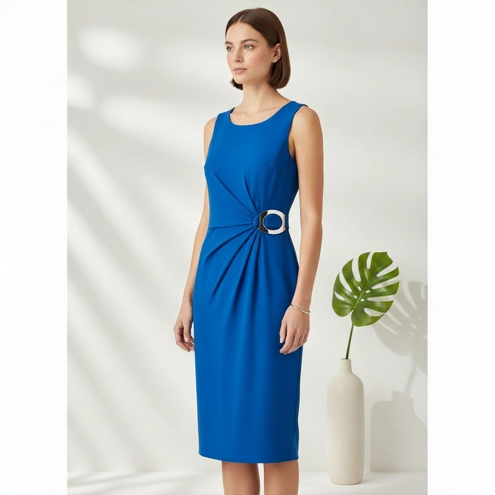 NEW Alfani 2 Dress Womens Blue Sleeveless Buckle Sheath Knit Office Minimalist